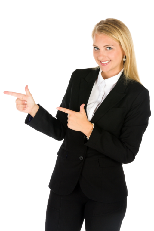 a woman in a business suit pointing at something