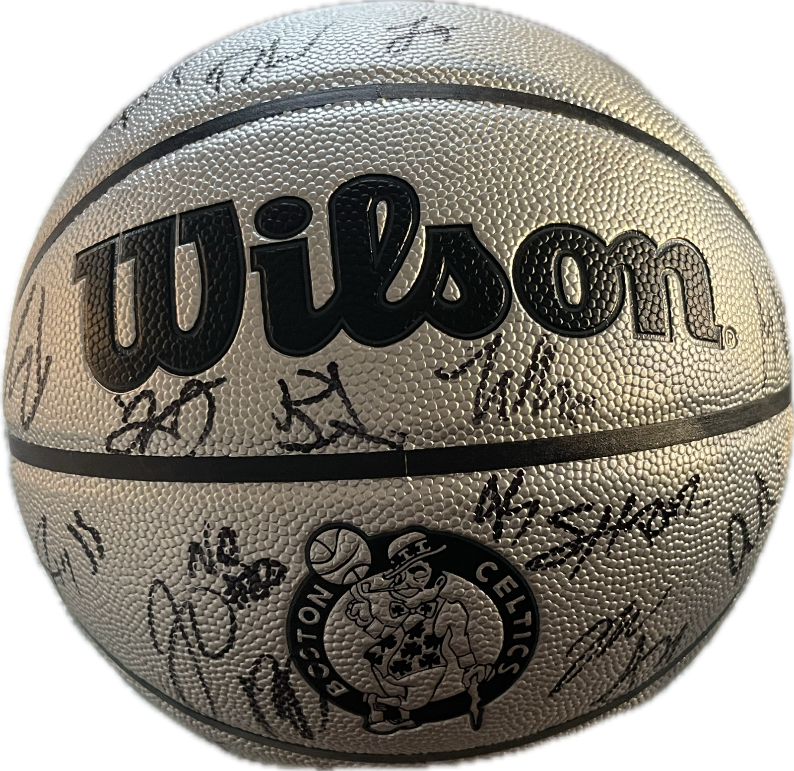 a black and white basketball ball with the word u - o written on it