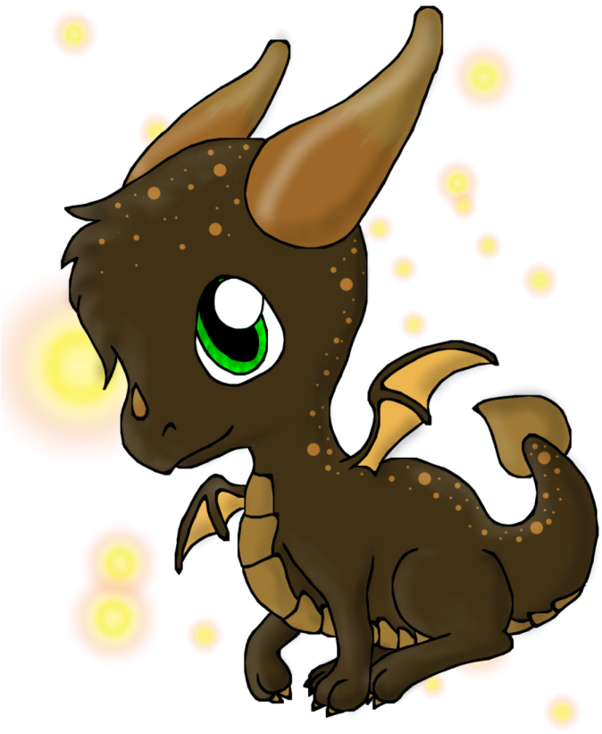 a drawing of a baby dragon with green eyes
