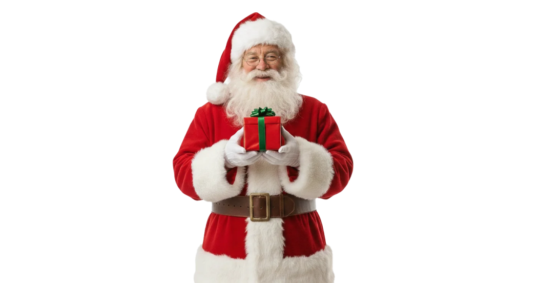 a man dressed as santa holding a present box