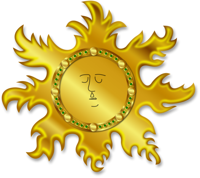 a gold sun with green eyes