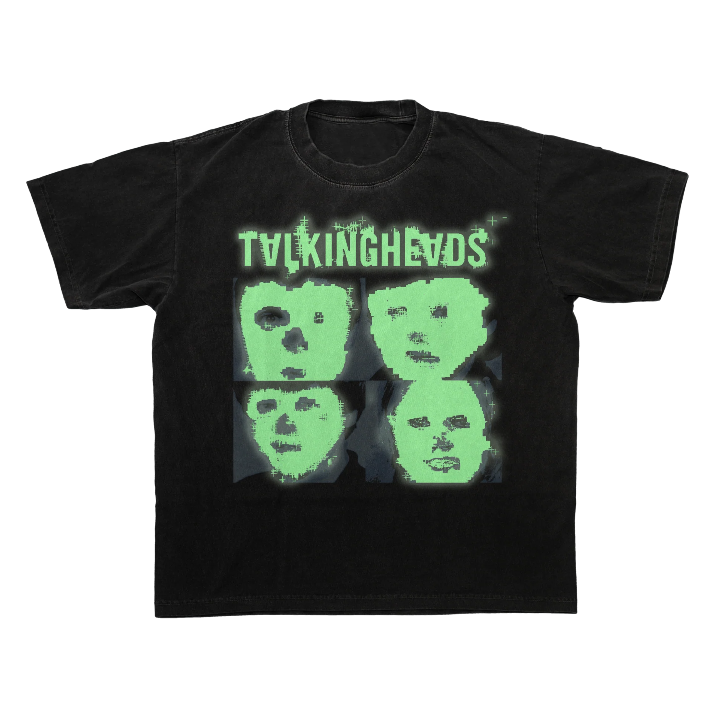 a black t - shirt with two green faces on it