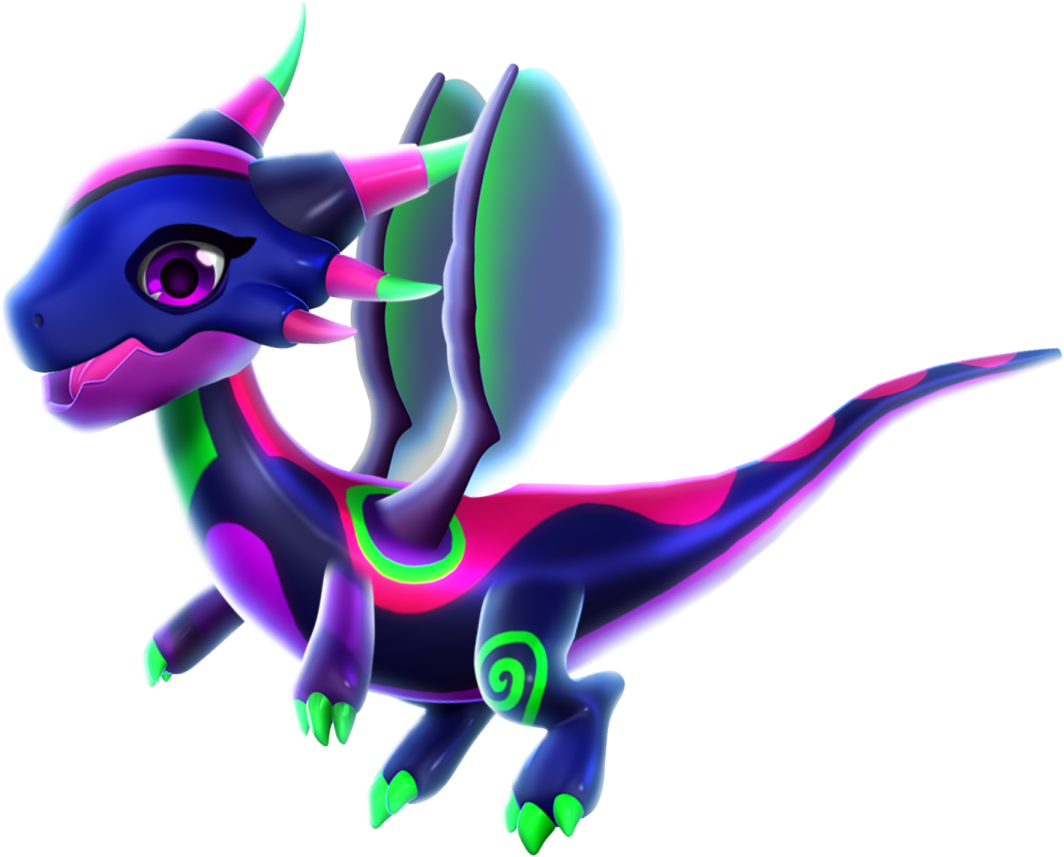 a black and pink dragon with green eyes
