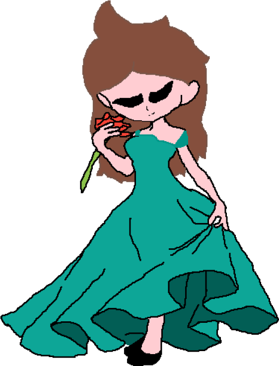 a girl in a green dress holding a flower
