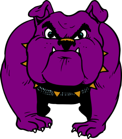 a purple bulldog with an angry look on his face