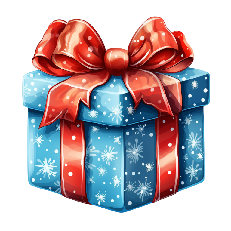 a blue gift box with red ribbon and snowflakes