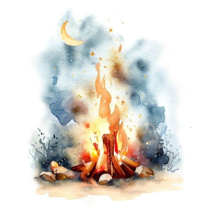 a watercolor painting of a campfire
