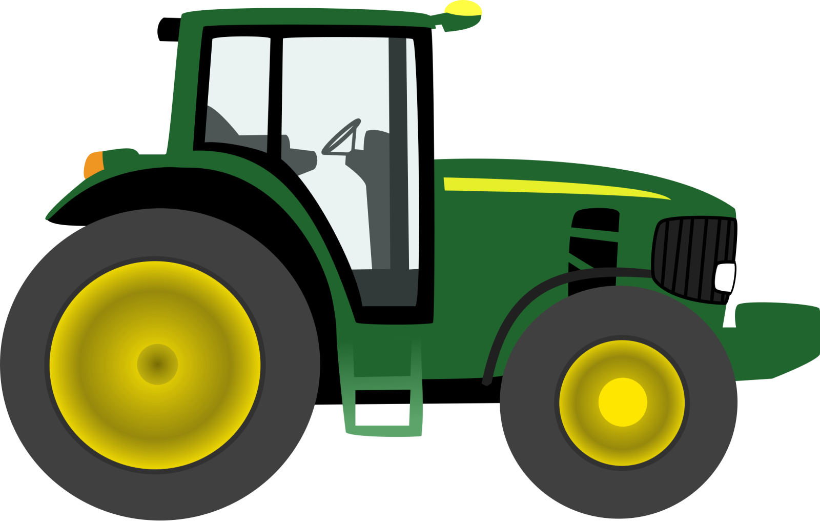 a green tractor with yellow wheels