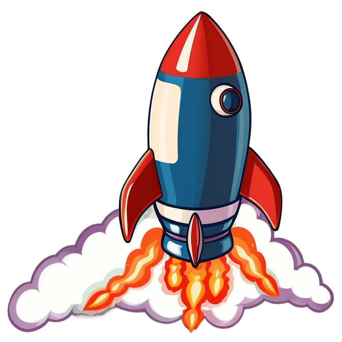 a cartoon rocket flying through the clouds