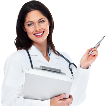 a woman in a white coat holding a clipboard