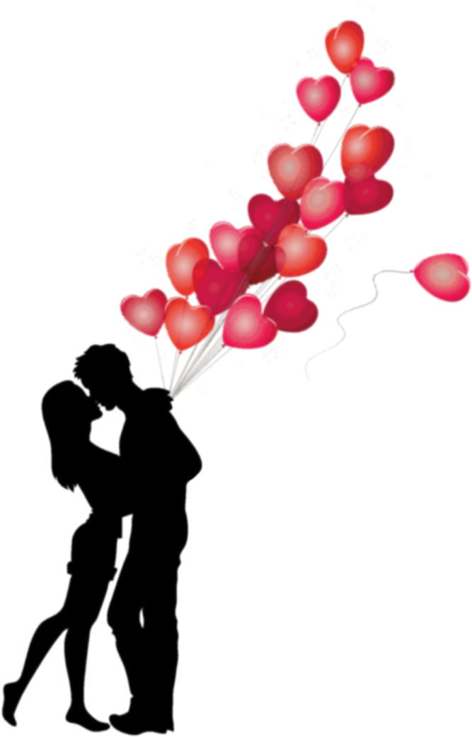 a man and woman kissing with red balloons
