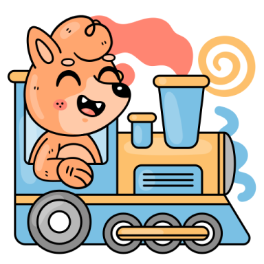 a cartoon dog riding on a toy train
