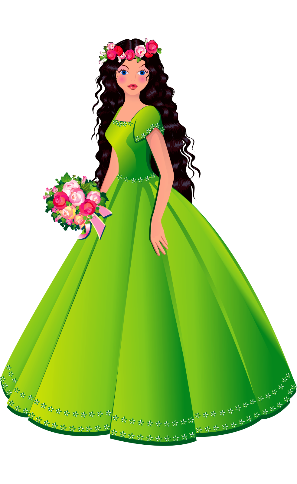 a girl in a green dress with flowers