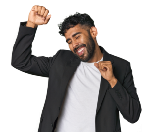 a man in a black suit and white t - shirt