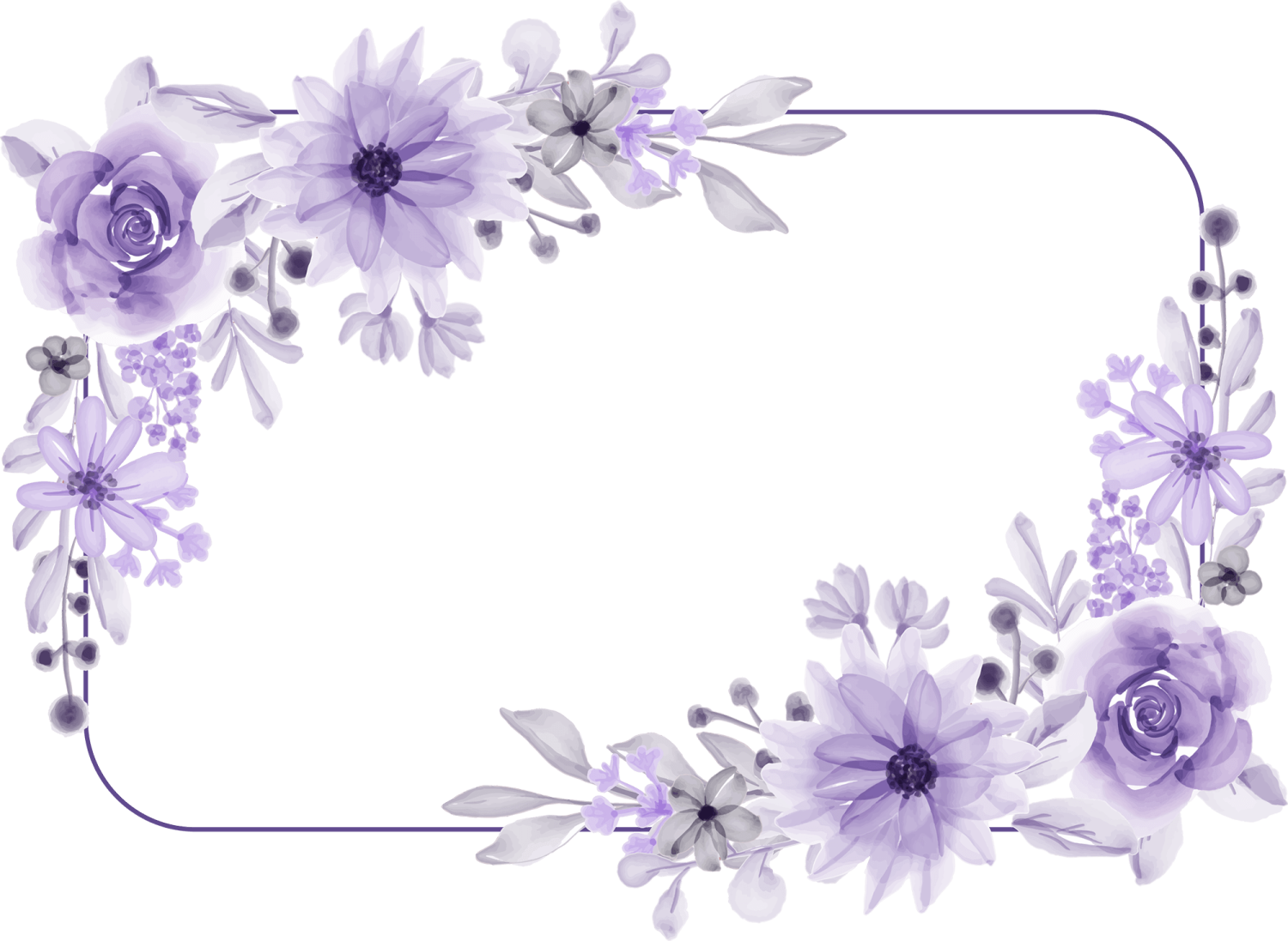 a frame with purple flowers and leaves