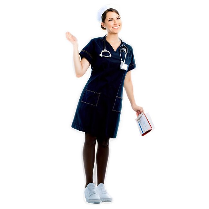 a woman wearing a nurse uniform and holding a clipboard