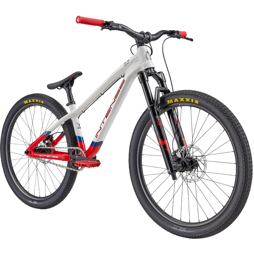 a white mountain bike with red and blue accents