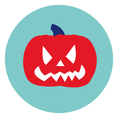 a blue circle with a red pumpkin on it