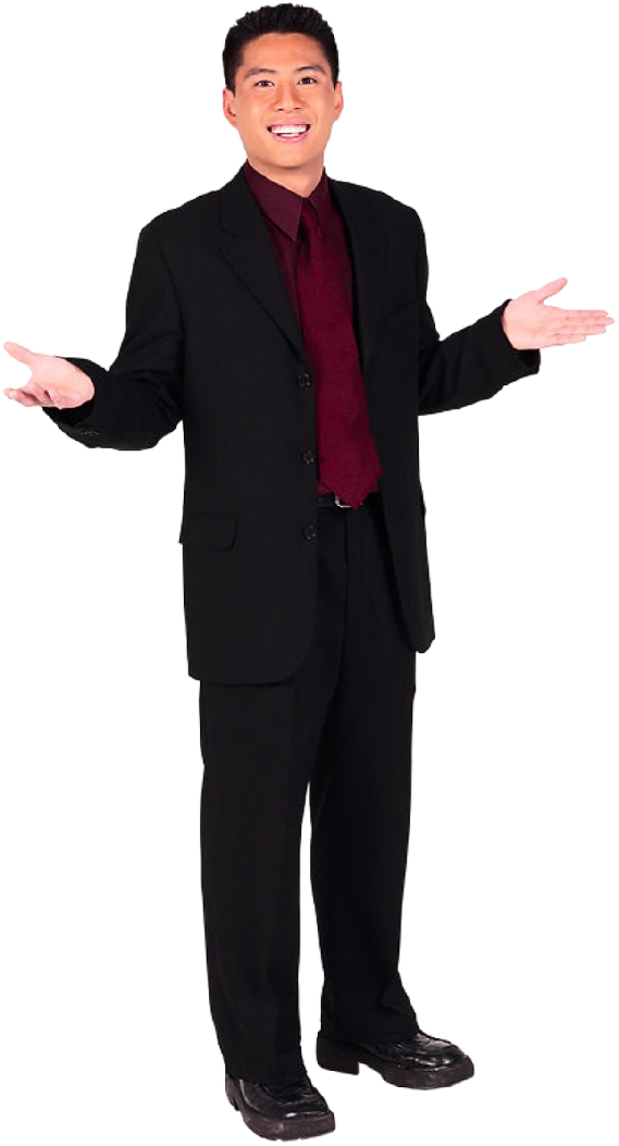 a man in a suit and tie with his hands out