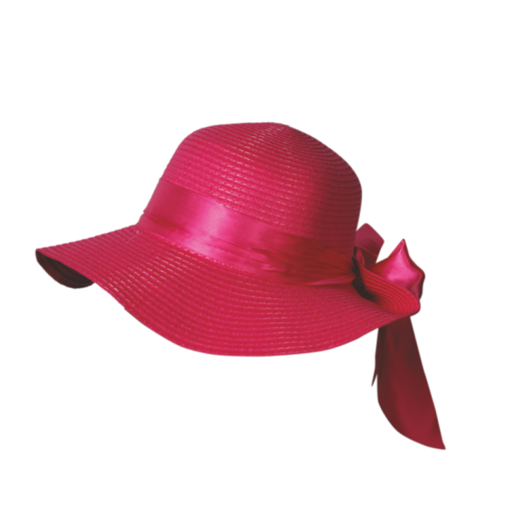 a pink straw hat with a red bow