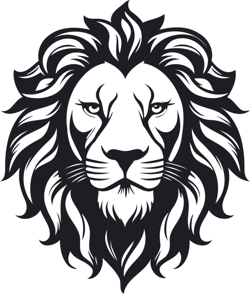 a lion head with black and white lines
