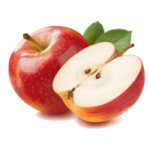 two red apples with green leaves on a white background