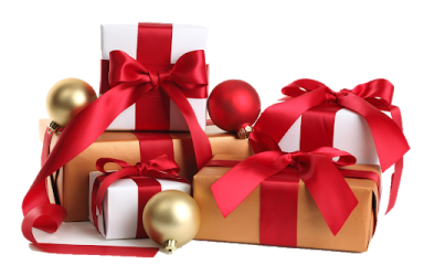 a pile of presents with red bows and gold ornaments