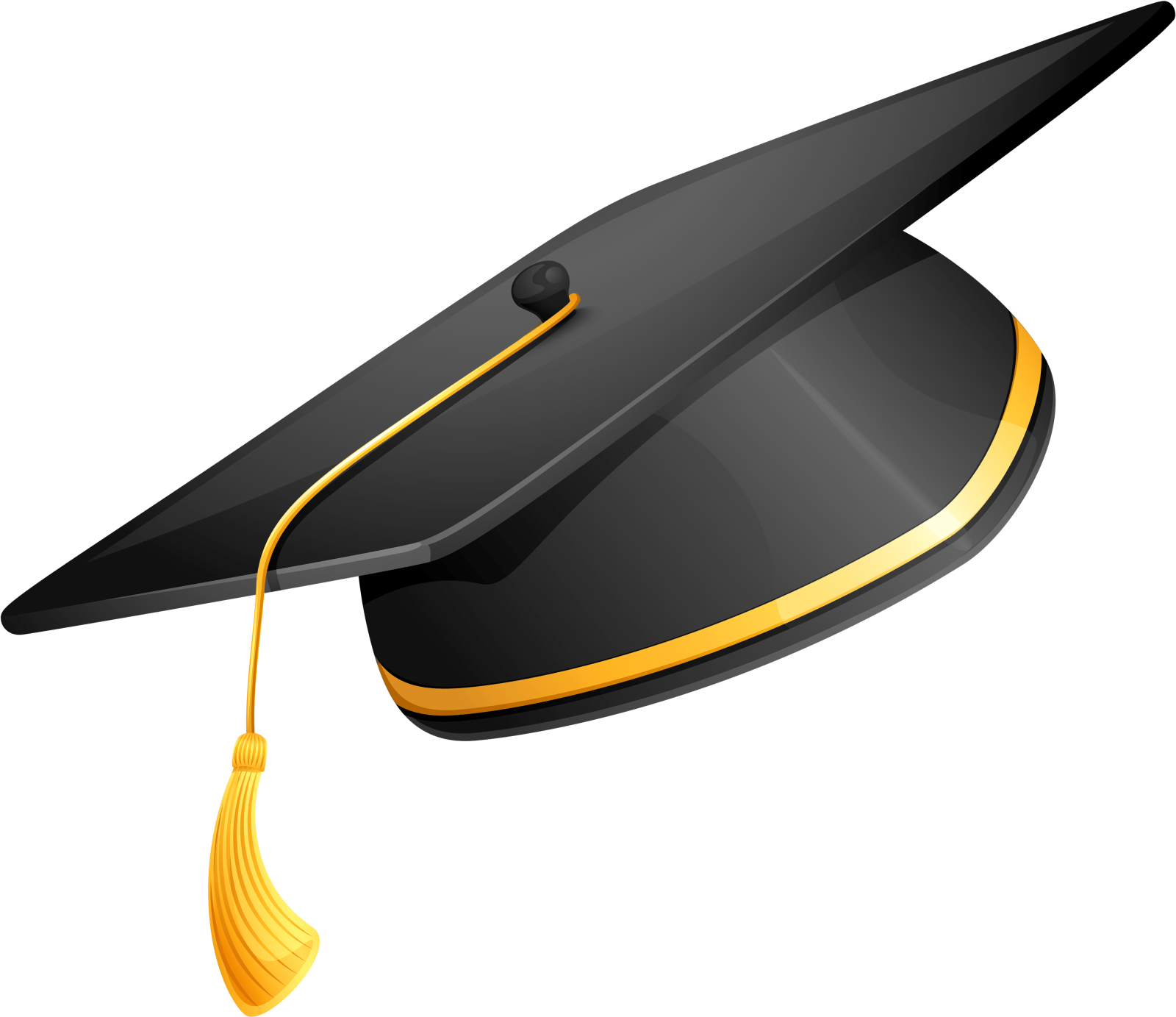 a black graduation hat with a yellow ta