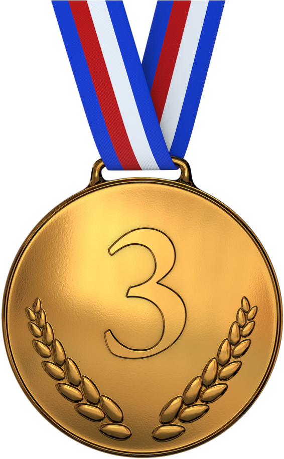 a gold medal with the number three on it