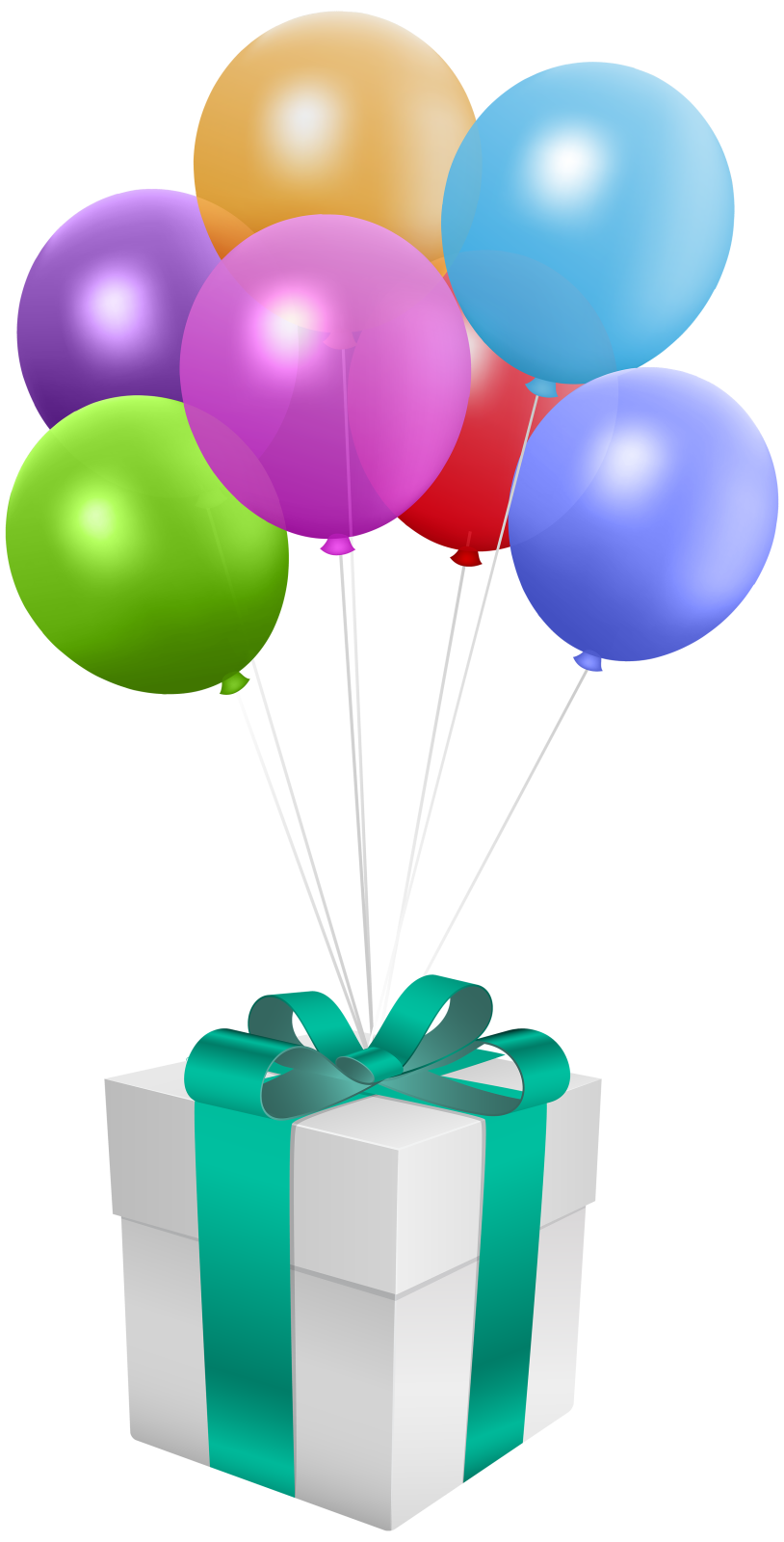a box with balloons and a green bow