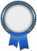 a blue and gold medal with a white background