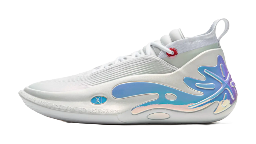 a white and blue shoe with an abstract design