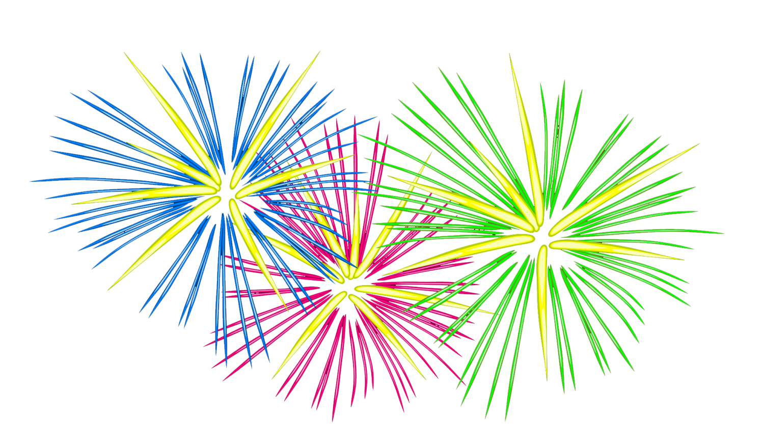 three colorful fireworks on a white background