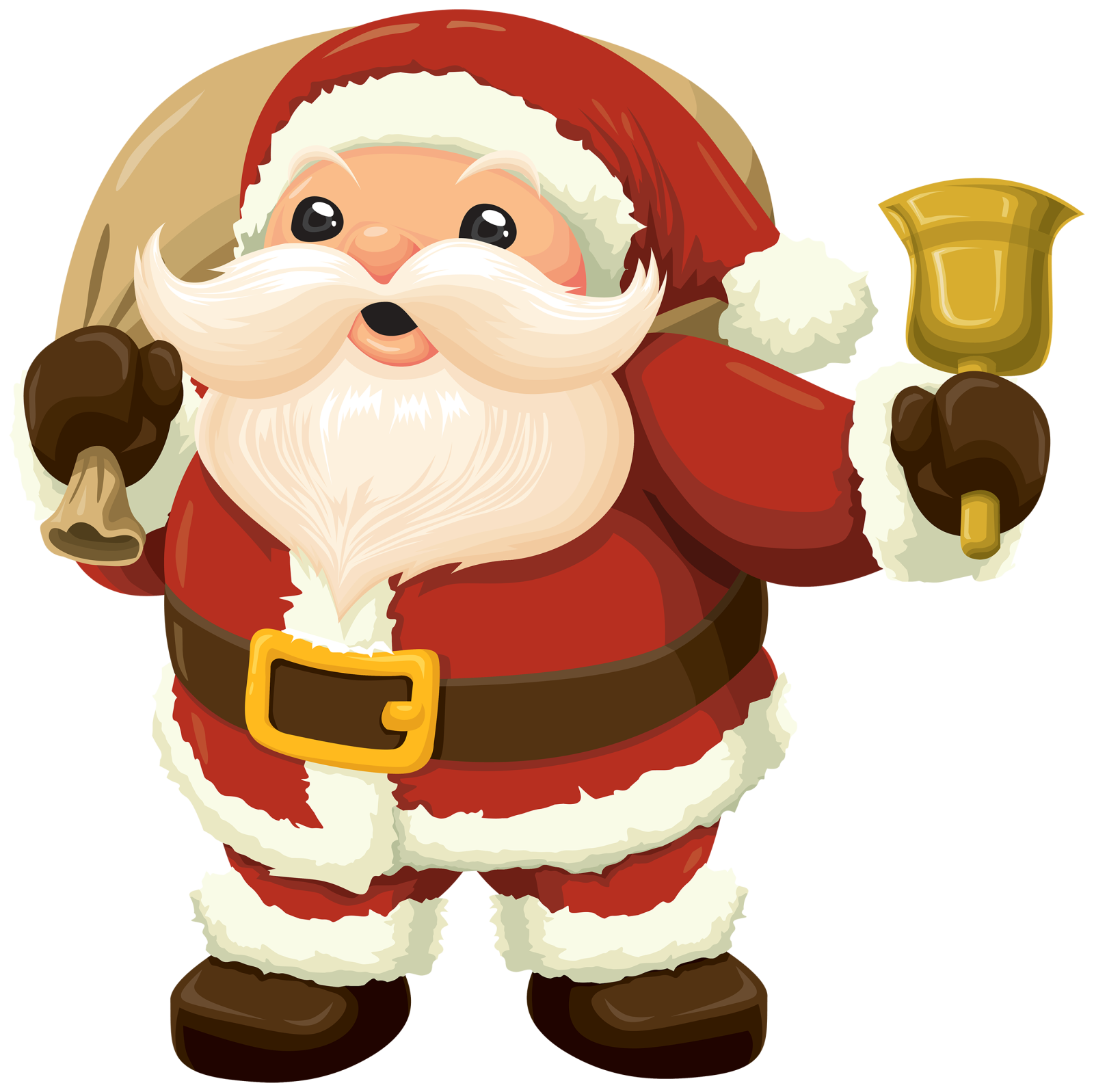 a cartoon santa holding a bell in his hand
