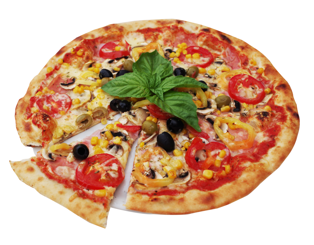 a close up of a pizza on a white background