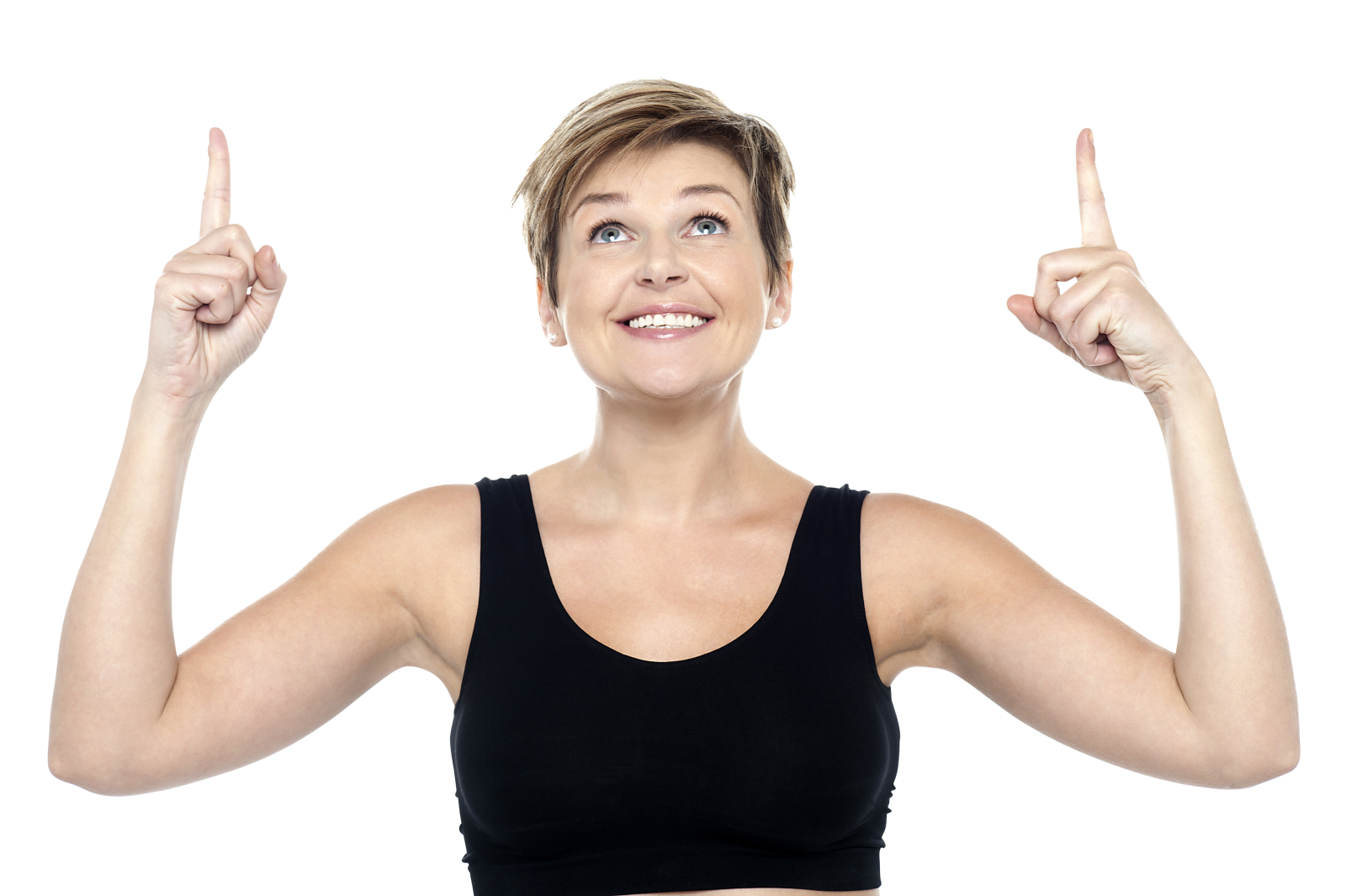 a woman with two fingers up in the air