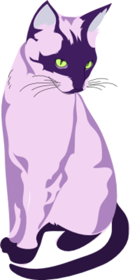 a purple cat with green eyes sitting down