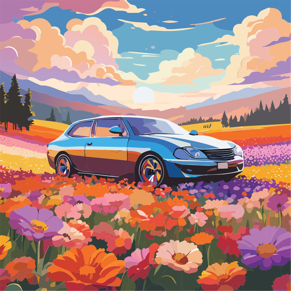 a car parked in a field of flowers