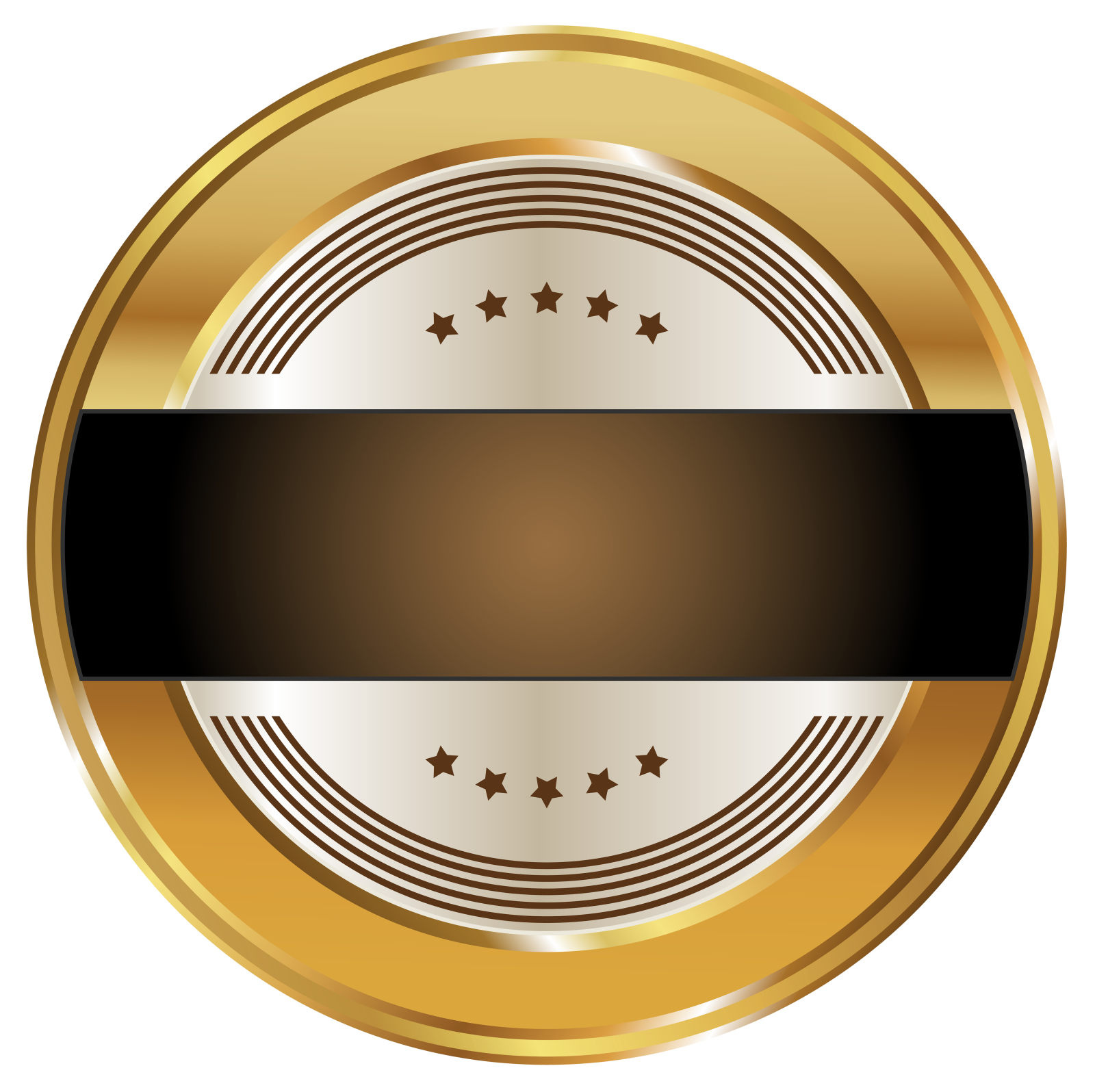 a gold medal with black and white stripes