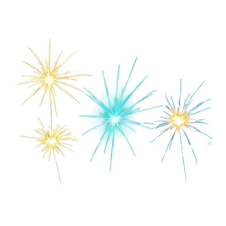 three blue and yellow fireworks on white background