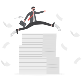 a man jumping over a stack of papers