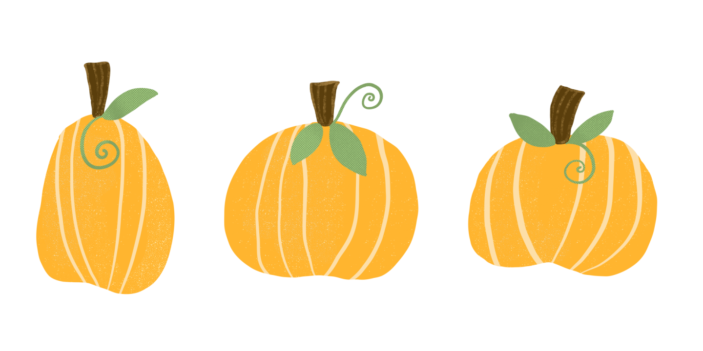 three pumpkins with green leaves on them