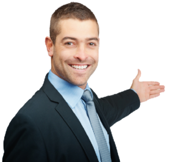 a man in a suit and tie pointing at the camera