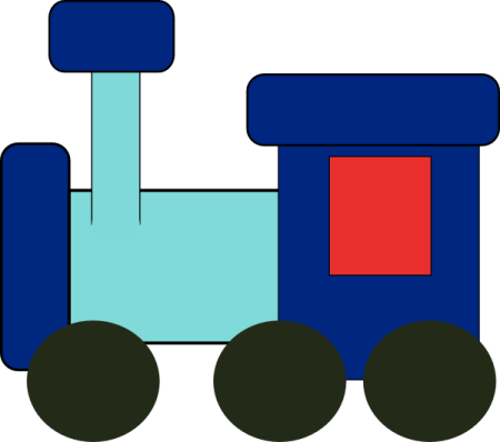 a blue train with red and green wheels