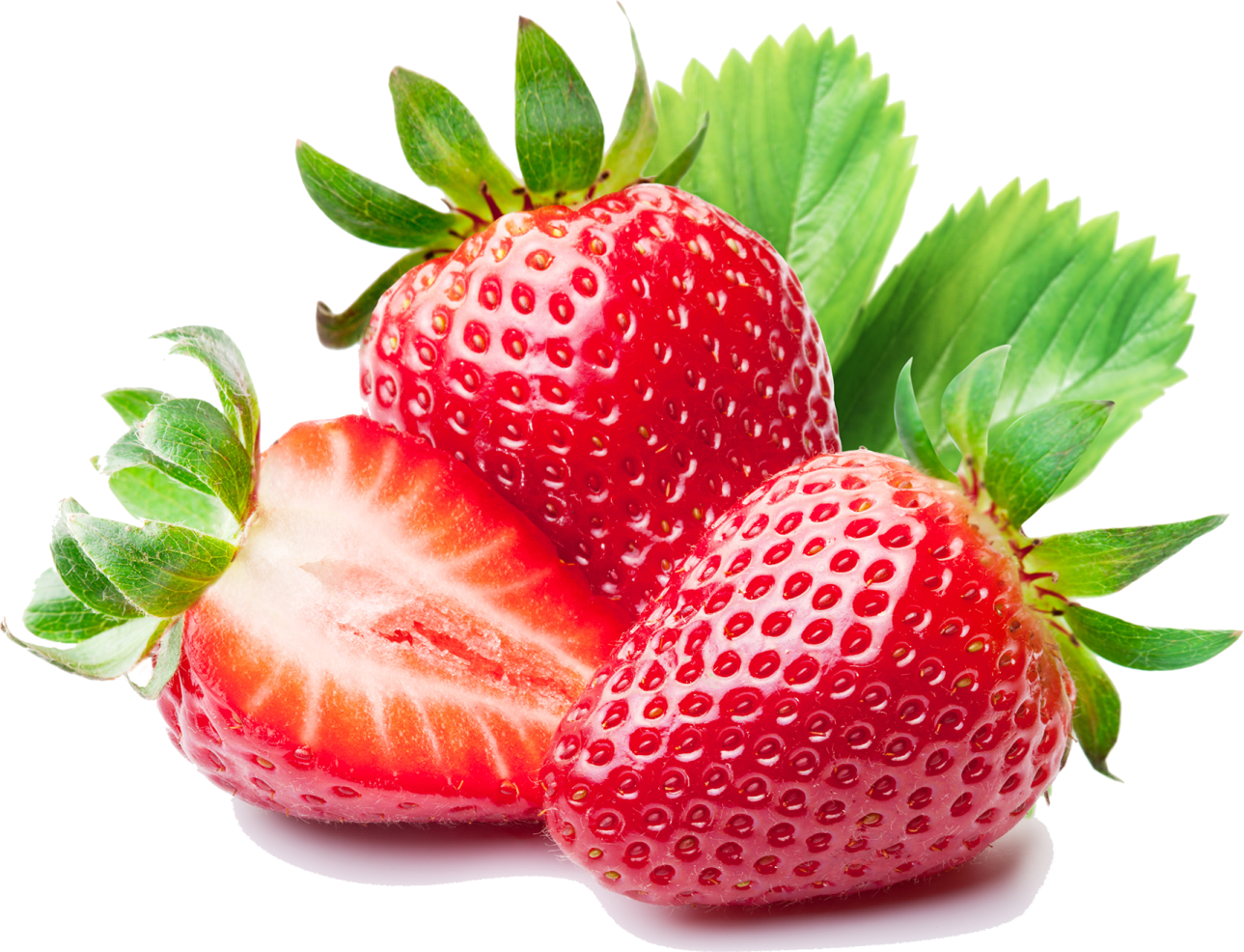 two strawberries with leaves on a white background