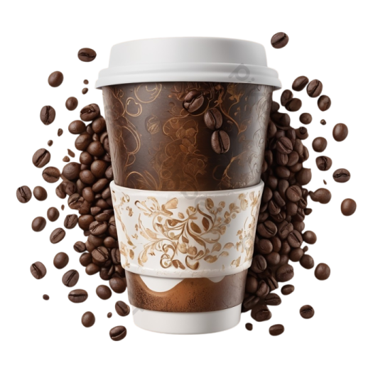 a coffee cup surrounded by coffee beans