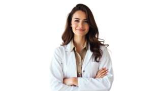 a woman wearing a white lab coat