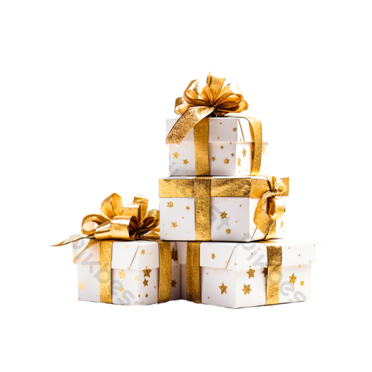 a stack of white and gold wrapped presents
