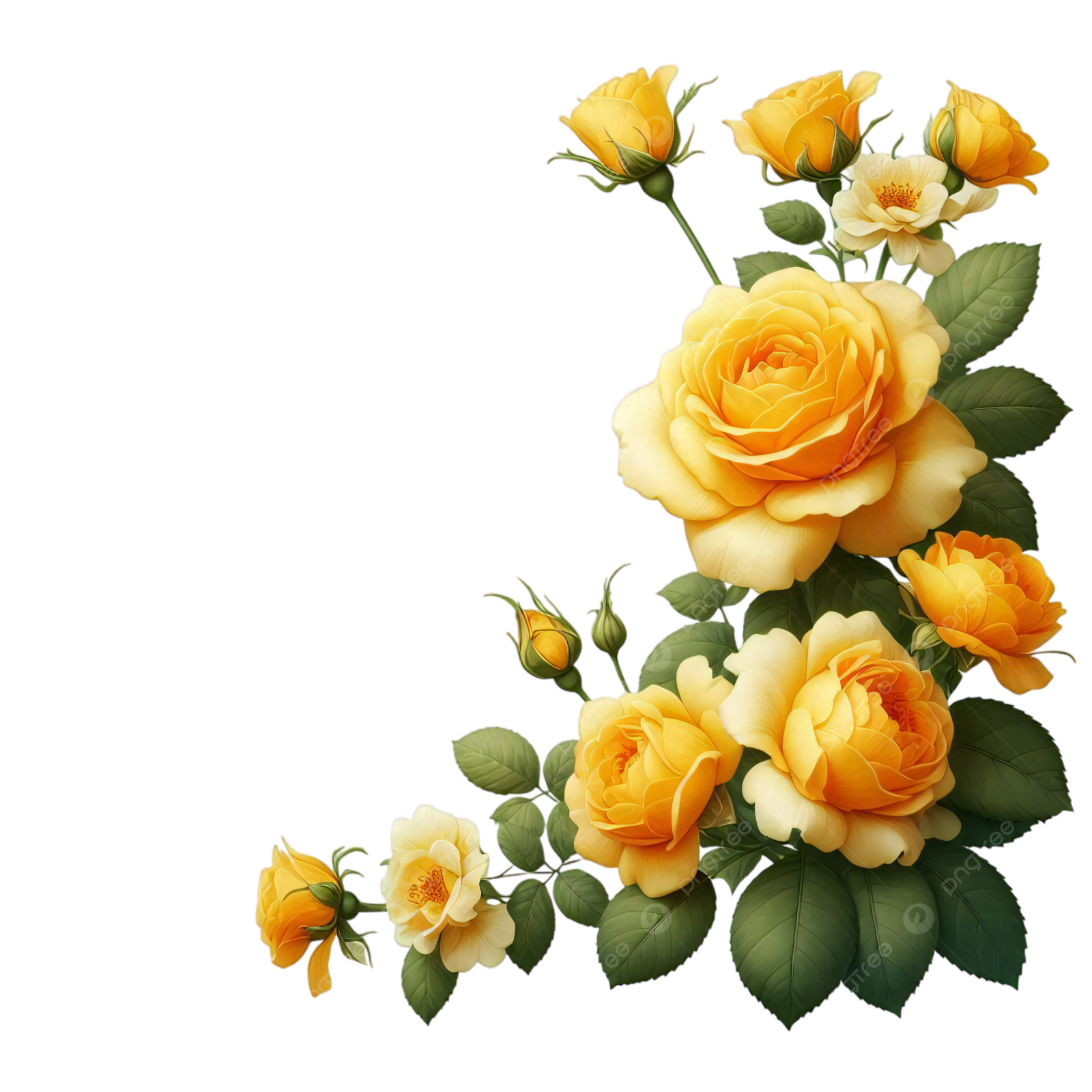 a bunch of yellow roses on a white background