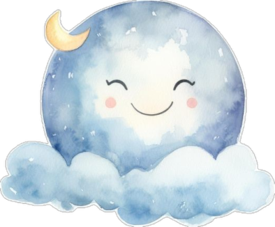 a watercolor drawing of a smiling moon in the clouds